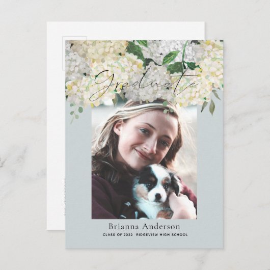 ほこりっぽい青あじさい写真卒業発表 案内ポストカード (正面/裏面)