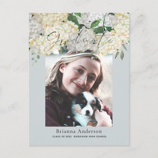 ほこりっぽい青あじさい写真卒業発表 案内ポストカード (正面)