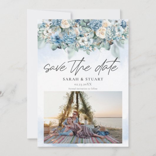 ほこりっぽい青あじさい写真QRコード日付を保存 招待状 (正面)