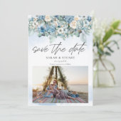 ほこりっぽい青あじさい写真QRコード日付を保存 招待状 (スタンド正面)