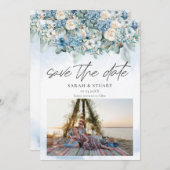 ほこりっぽい青あじさい写真QRコード日付を保存 招待状 (正面/裏面)