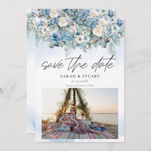 ほこりっぽい青あじさい写真QRコード日付を保存 招待状 (正面/裏面)