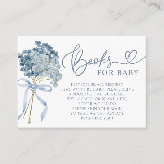 ほこりっぽい青あじさい赤ちゃんシャワー本ベビー エンクロージャーカード (正面)