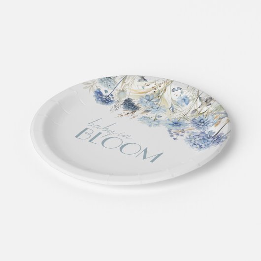 ほこりっぽい青あじさい野の花ベイビーシャワー ペーパープレート (アングル)