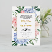 ほこりっぽい青いアジサイのパステル結婚ピンクのバラの 箔招待状 (立ち正面)