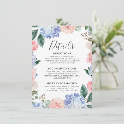 ほこりっぽい青いアジサイのパステル結婚ピンクのバラ エンクロージャーカード (スタンド正面)