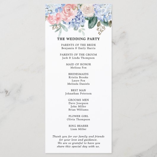 ほこりっぽい青いアジサイのパステル結婚ピンクのバラ プログラム (裏面)