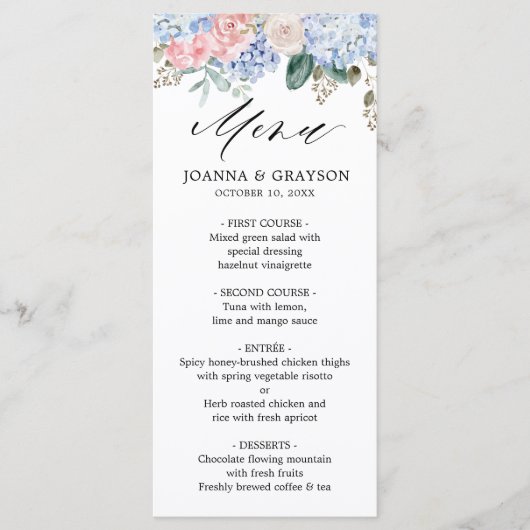 ほこりっぽい青いアジサイのパステル結婚ピンクのバラ メニュー (正面)