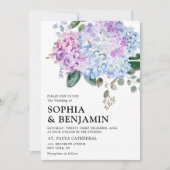 ほこりっぽい青いアジサイのパステル結婚ピンクのバラ 招待状 (正面)