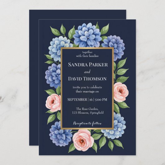 ほこりっぽい青いアジサイのパステル結婚ピンクのバラ 招待状 (正面/裏面)