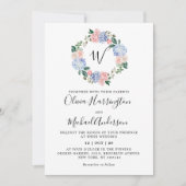 ほこりっぽい青いアジサイのパステル結婚ピンクのバラ 招待状 (正面)