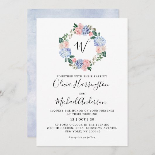 ほこりっぽい青いアジサイのパステル結婚ピンクのバラ 招待状 (正面/裏面)