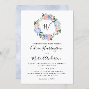 ほこりっぽい青いアジサイのパステル結婚ピンクのバラ 招待状