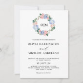 ほこりっぽい青いアジサイのパステル結婚ピンクのバラ 招待状 (正面)