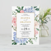 ほこりっぽい青いアジサイのパステル結婚ピンクのバラ 招待状 (スタンド正面)