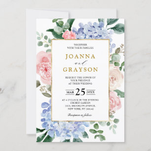 ほこりっぽい青いアジサイのパステル結婚ピンクのバラ 招待状