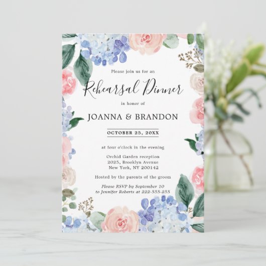 ほこりっぽい青いアジサイのピンクのバラのリハーサルディナー 招待状 (スタンド正面)