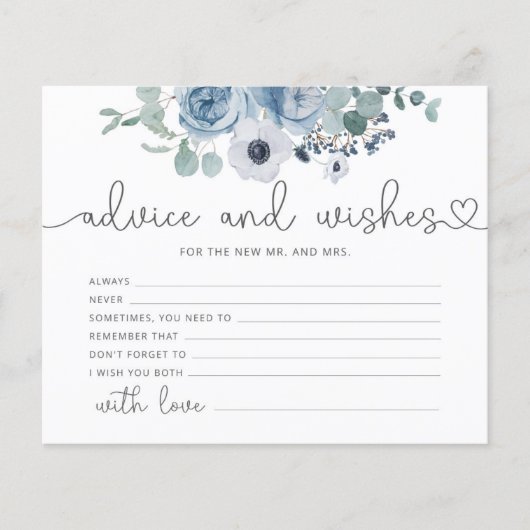 ほこりっぽい青いアドバイスとウィッシュブライダルシャワーカード (正面)