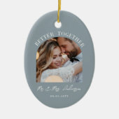 ほこりっぽい青いアーチ結婚写真のギフトホームデコール セラミックオーナメント (正面)