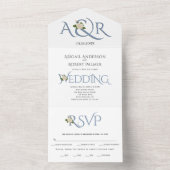 ほこりっぽい青いイニシャルとアンパサンド、バラ結婚ズ オールインワン招待状 (内側)