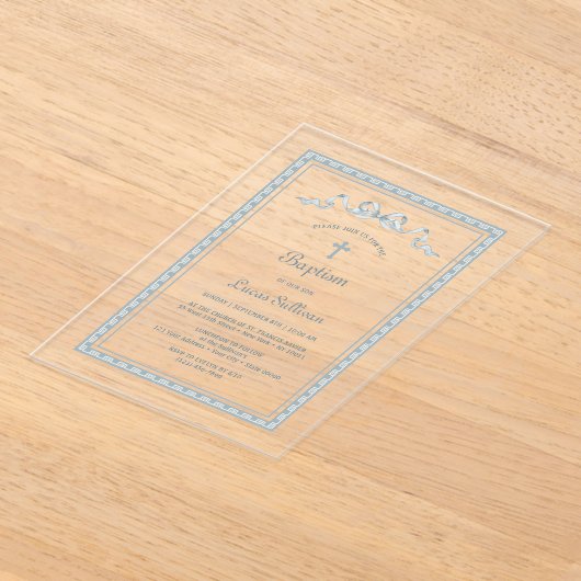 ほこりっぽい青いギリシャのフレームバプテスマ アクリル招待状 (レイダウン)