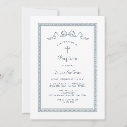 ほこりっぽい青いギリシャのフレームバプテスマ 招待状 (正面)