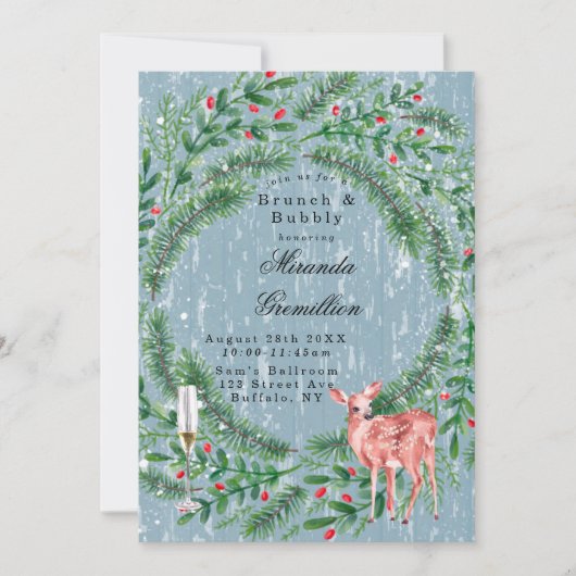 ほこりっぽい青いクリスマスウッドディアブランチと泡立ち 招待状 (正面)