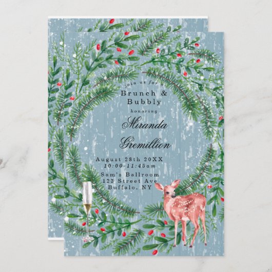 ほこりっぽい青いクリスマスウッドディアブランチと泡立ち 招待状 (正面/裏面)