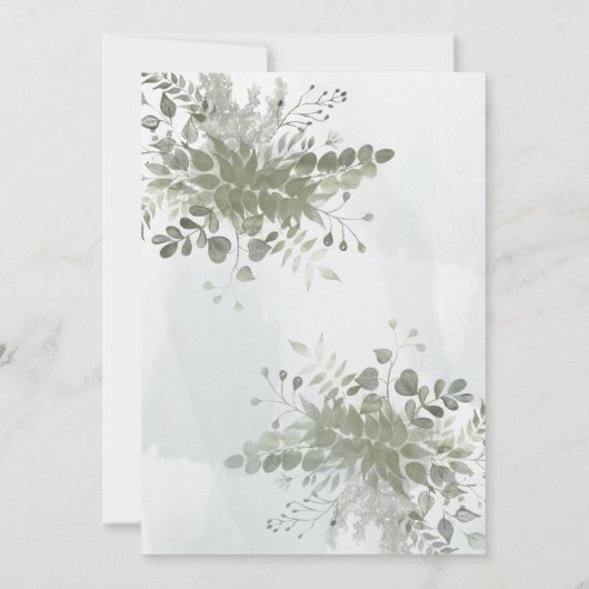 ほこりっぽい青いシックな水の色の緑のユーカリ 招待状 (裏面)
