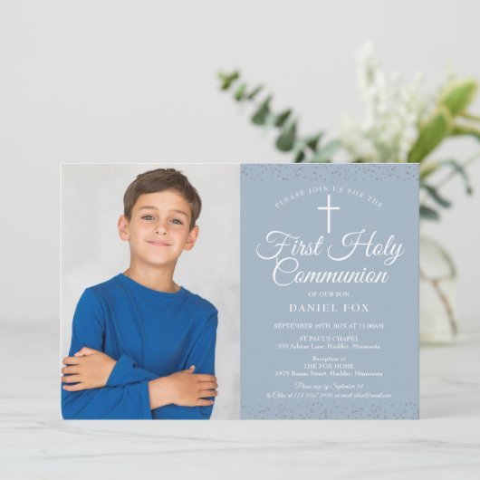 ほこりっぽい青いスターダストの最初の聖餐式の写真 招待状 (スタンド正面)