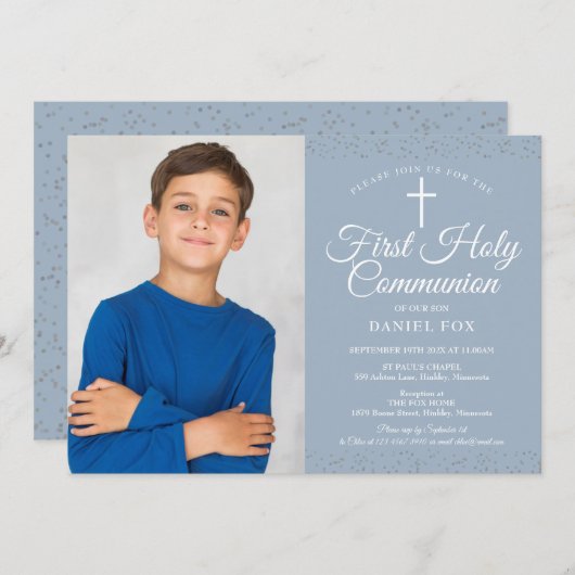 ほこりっぽい青いスターダストの最初の聖餐式の写真 招待状 (正面/裏面)