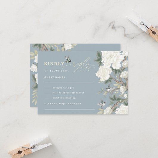 ほこりっぽい青いチノワセリーバード牡丹結婚式RSVP カード (正面/裏面インサイチュ)