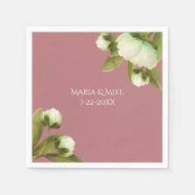 ほこりっぽい青いナプキンの白い牡丹