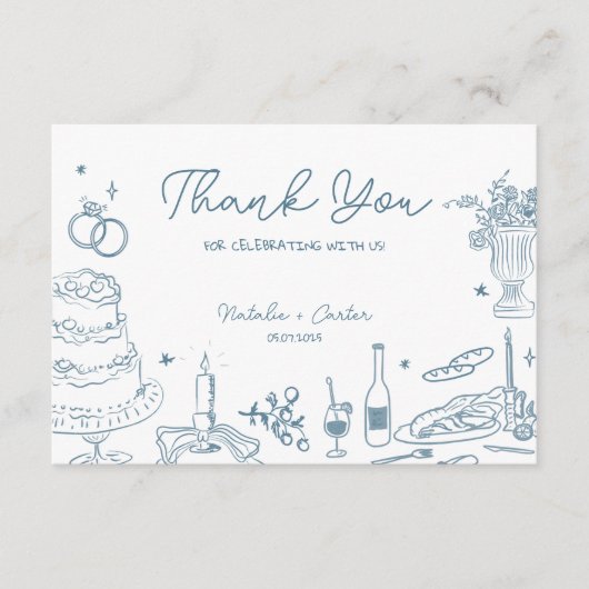 ほこりっぽい青いハンドドローお洒落ドの結婚感謝の言葉 エンクロージャーカード (正面)