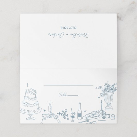 ほこりっぽい青いハンドドローお洒落ドの結婚感謝の言葉 プレイスカード (外部開封)