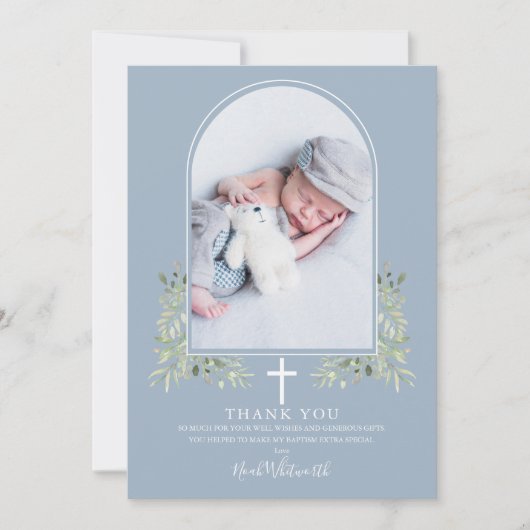 ほこりっぽい青いバプテスマの緑のアーチ写真 サンキューカード (正面)