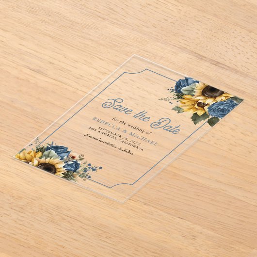 ほこりっぽい青いバラひまわり結婚式の日付を保存 アクリル招待状 (レイダウン)