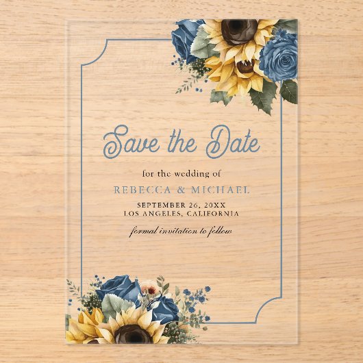 ほこりっぽい青いバラひまわり結婚式の日付を保存 アクリル招待状 (正面)