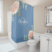 ほこりっぽい青いバラ金ゴールドフローラ緑のモノグラム名 シャワーカーテン (インサイチュ)