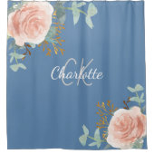 ほこりっぽい青いバラ金ゴールドフローラ緑のモノグラム名 シャワーカーテン (正面)