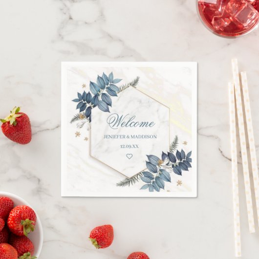 ほこりっぽい青いパーソナライズされた花結婚の歓迎 スタンダードカクテルナプキン (インサイチュ)