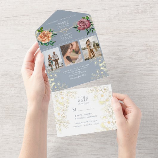 ほこりっぽい青いピンクのフローラ写真ウェディング招待 オールインワン招待状 (貼ってはがせる)