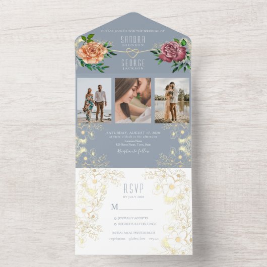 ほこりっぽい青いピンクのフローラ写真ウェディング招待 オールインワン招待状 (内側)