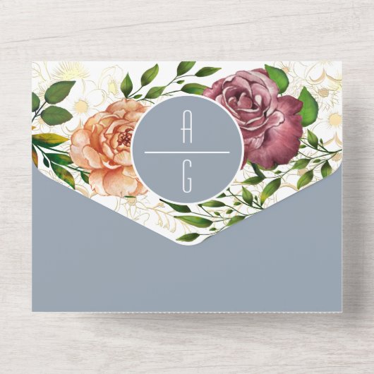 ほこりっぽい青いピンクのフローラ写真ウェディング招待 オールインワン招待状 (裏面)