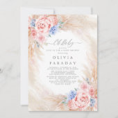 ほこりっぽい青いピンクの花パンパスグラスベビーシャワー 招待状 (正面)