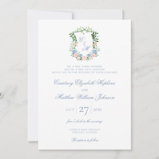 ほこりっぽい青いフローラの紋章結婚が 招待状 (正面)