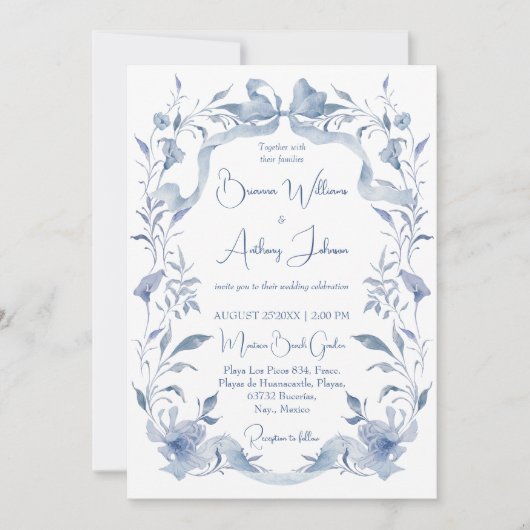 ほこりっぽい青いフローラの緑のリボンエレガントな結婚式 招待状 (正面)