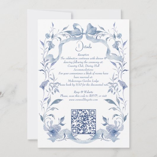 ほこりっぽい青いフローラの緑のリボンエレガントな結婚式 招待状 (裏面)