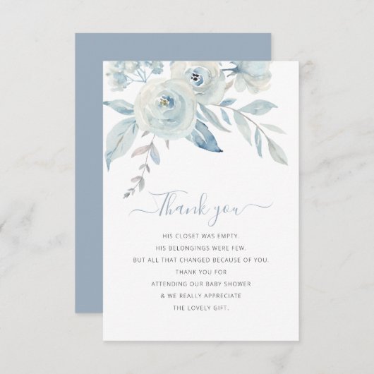 ほこりっぽい青いフローラの赤ちゃんシャワーサンキューカード サンキューカード (正面/裏面)