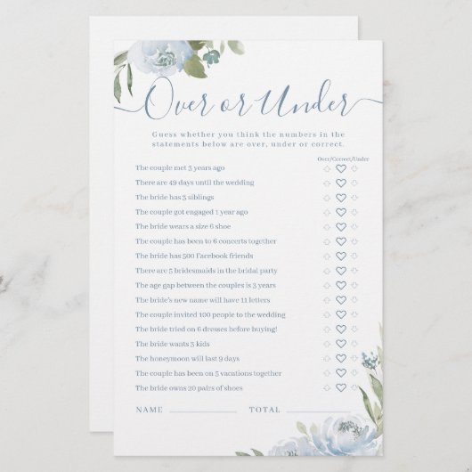 ほこりっぽい青いフローラオーバーまたはブライダルシャワーゲーム (正面/裏面)